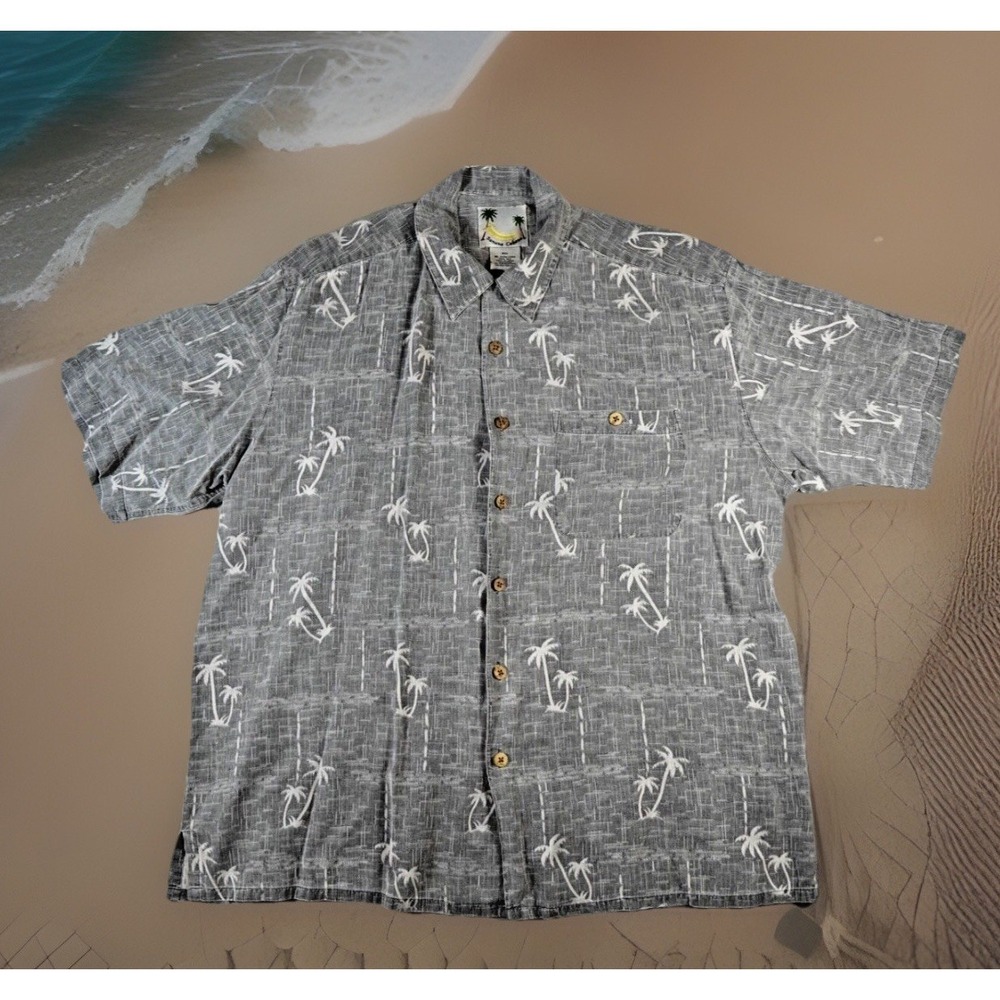 BANANA CABANA Mens XL Gray 100% Silk Hawaiian All Over Print Short Sleeve Shirt‎